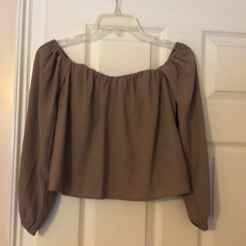 Flowy, taupe off the shoulder top